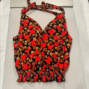 Halter Floral Smocked Hem Camisole - Black/Red/Brown